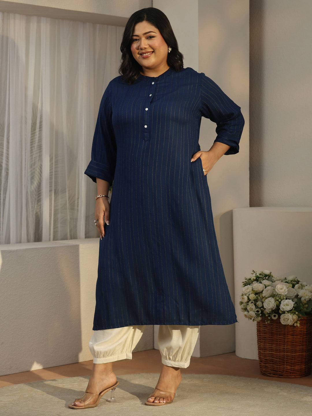  Plus Size Blue Striped Woven Design Rayon Straight Kurta 