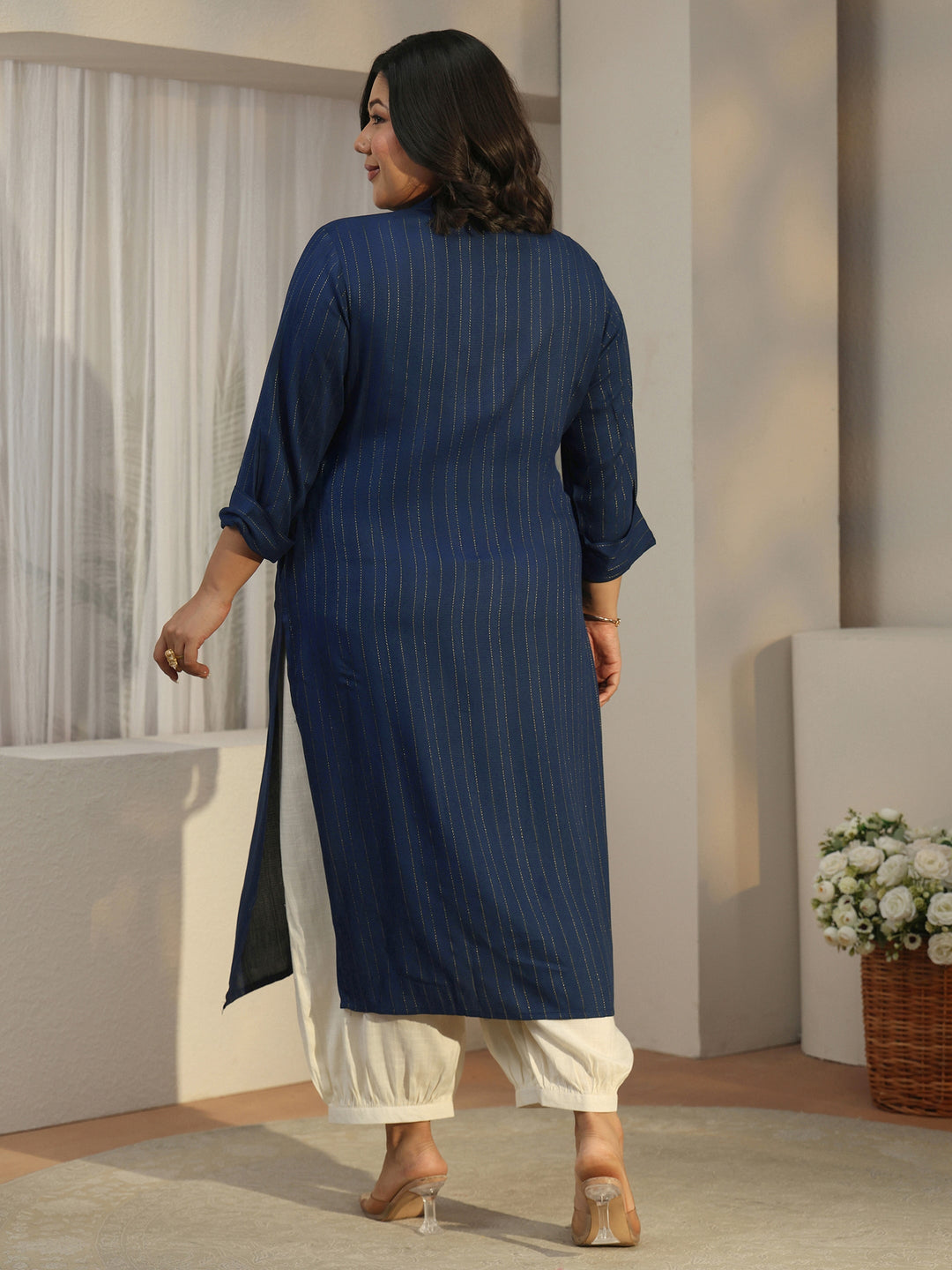  Plus Size Blue Striped Woven Design Rayon Straight Kurta 