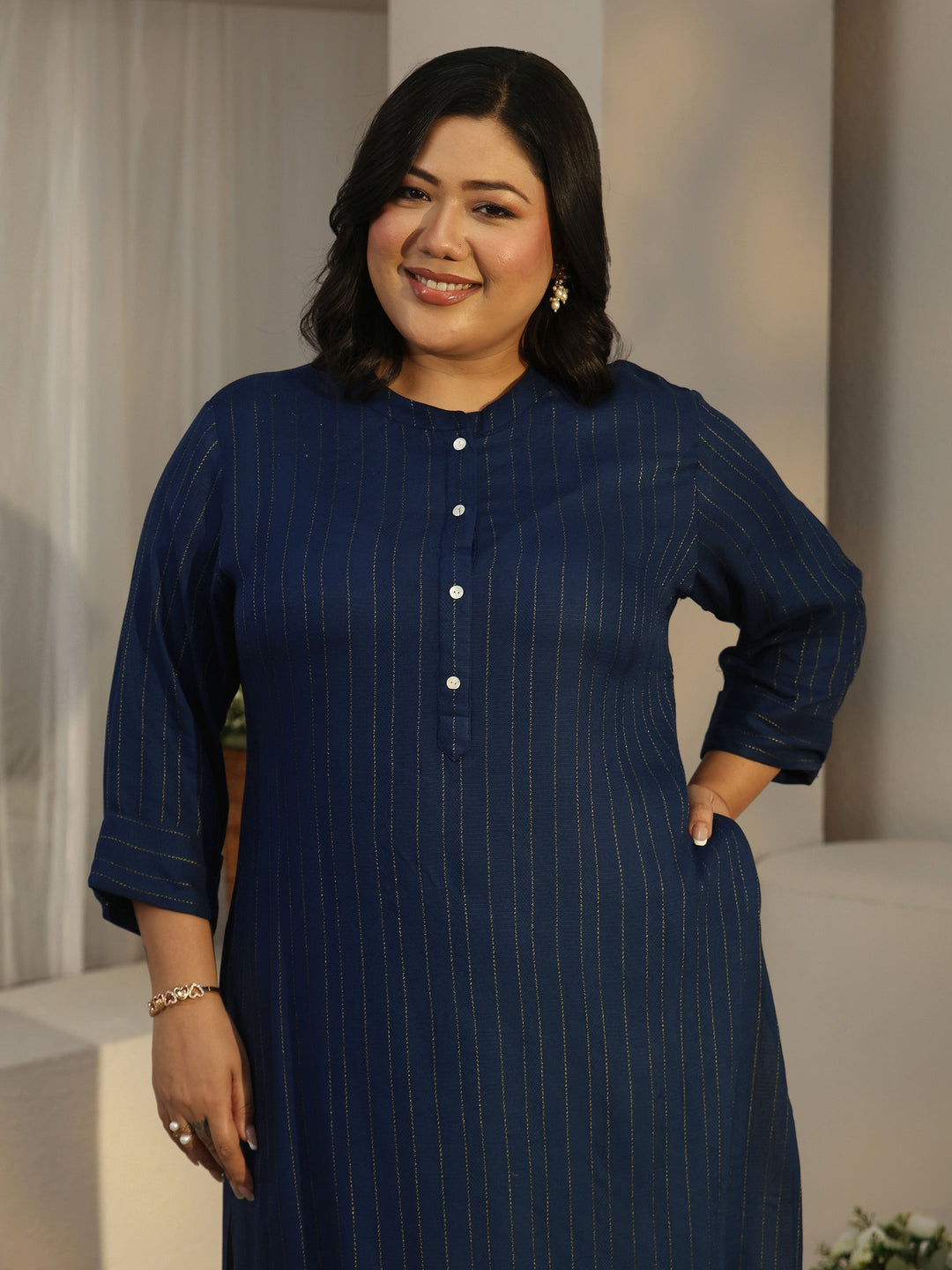  Plus Size Blue Striped Woven Design Rayon Straight Kurta 