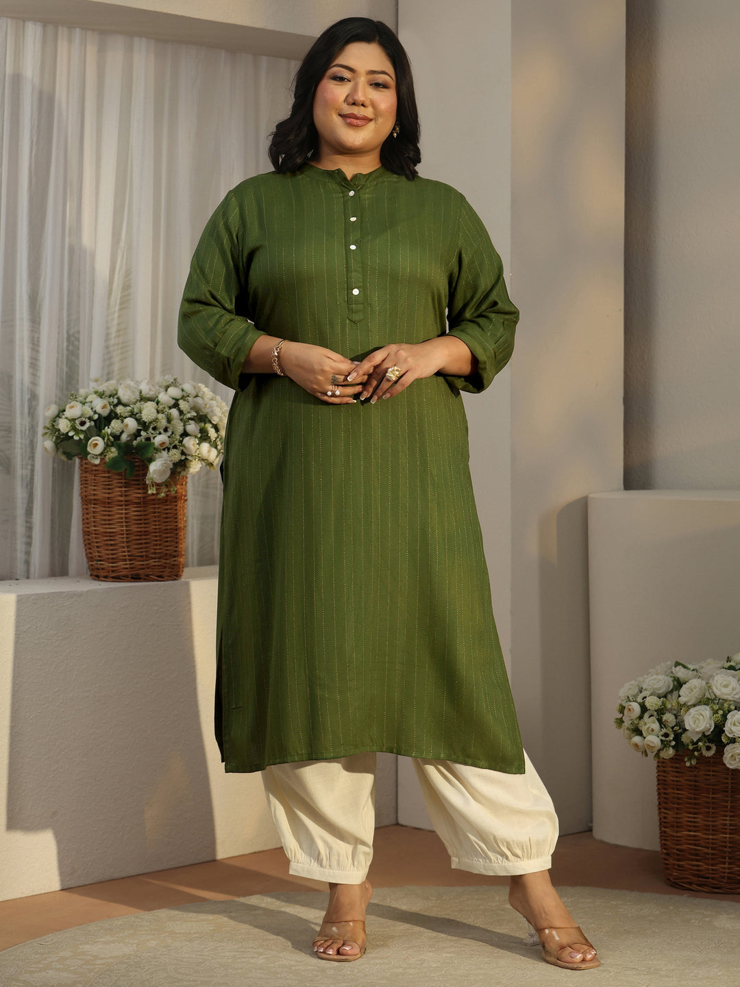  Plus Size Green Striped Woven Design Rayon Straight Kurta 