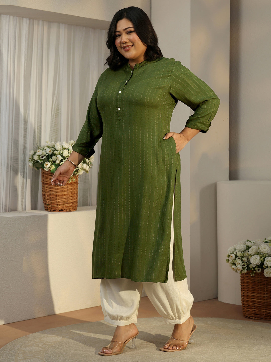  Plus Size Green Striped Woven Design Rayon Straight Kurta 