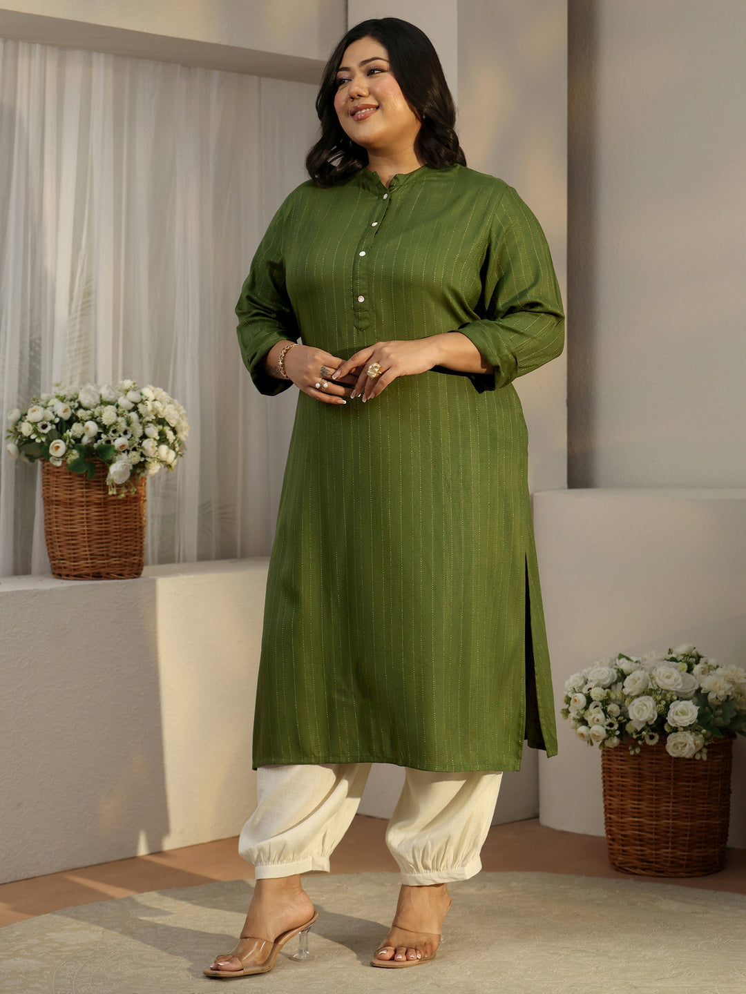 Plus Size Green Striped Woven Design Rayon Straight Kurta 