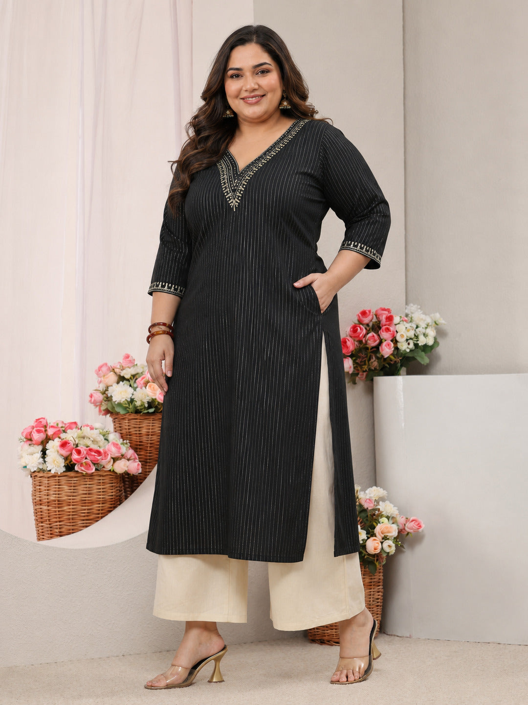  Plus Size Black Striped Embellished Rayon Straight Kurta 