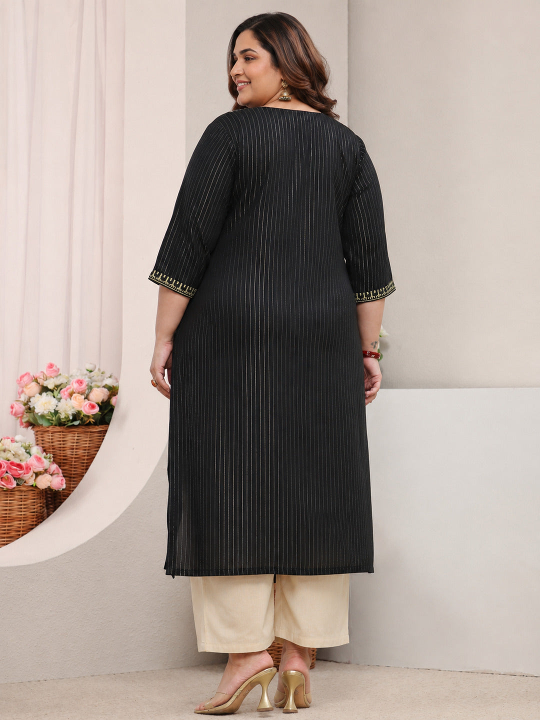  Plus Size Black Striped Embellished Rayon Straight Kurta 