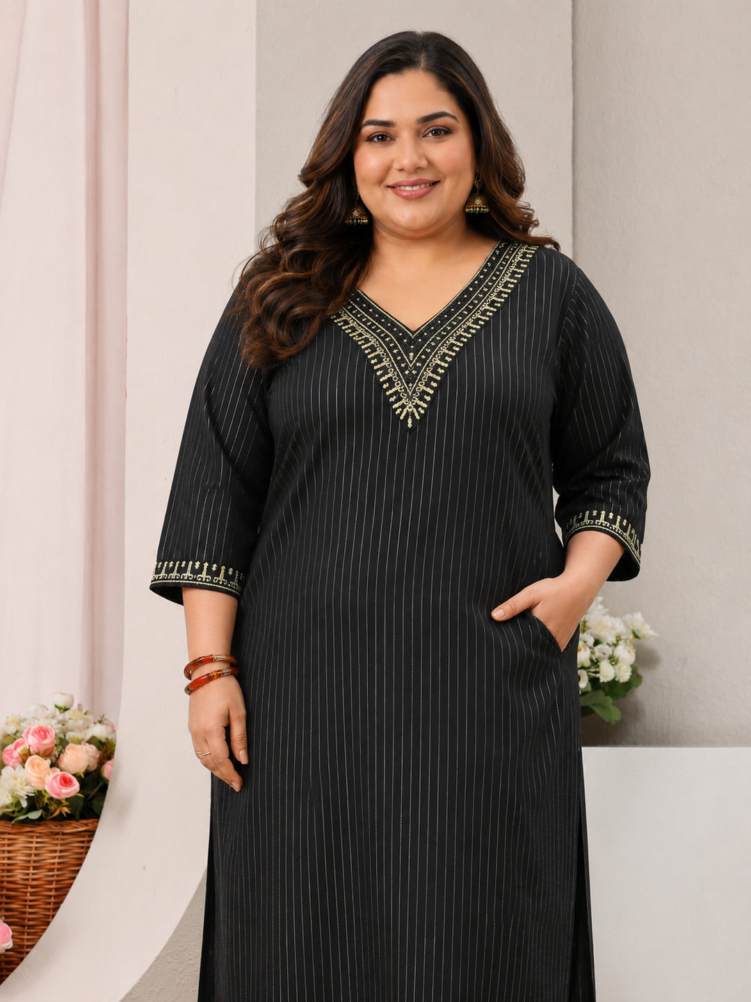  Plus Size Black Striped Embellished Rayon Straight Kurta 