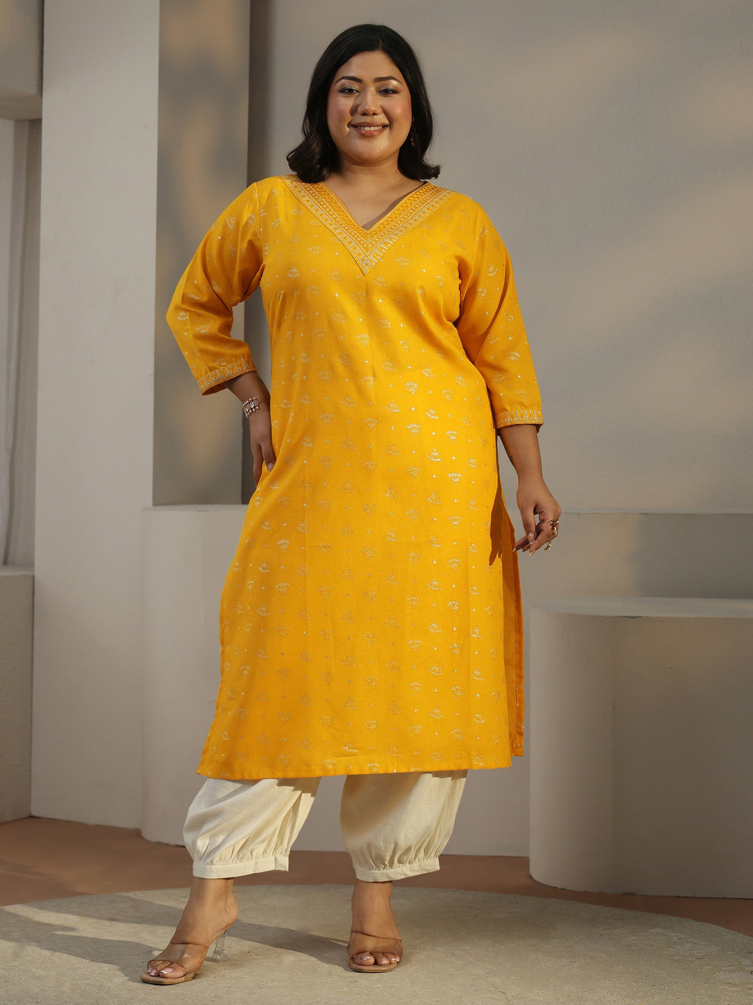  Plus Size Yellow Ethnic Motifs Printed Cotton Blend Straight Kurta 