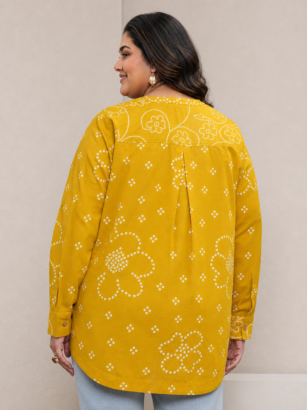  Plus Size Mustard Bandhani Printed Cotton Shirt 