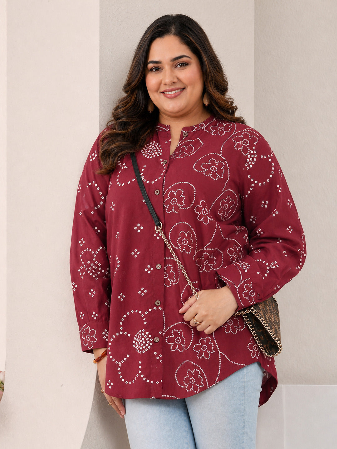  Plus Size Red Floral Printed Cotton Shirt 