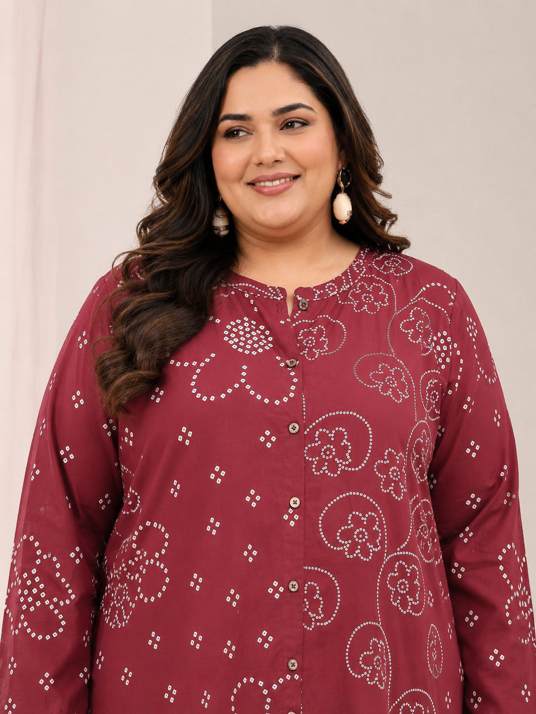  Plus Size Red Floral Printed Cotton Shirt 