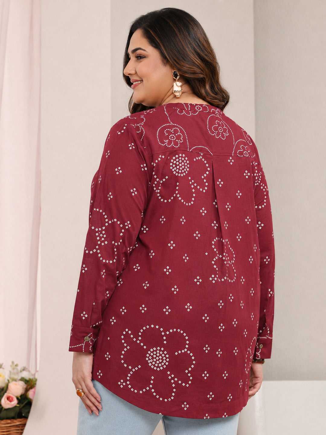  Plus Size Red Floral Printed Cotton Shirt 
