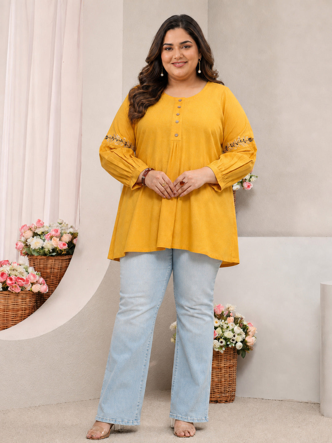  Plus Size Yellow Solid Cotton Straight Short Kurti 