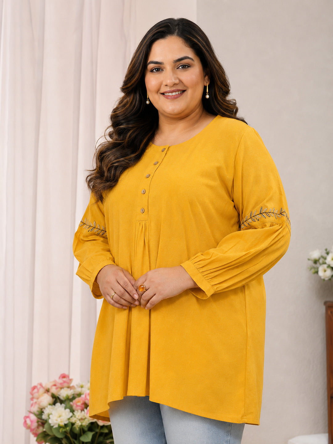  Plus Size Yellow Solid Cotton Straight Short Kurti 
