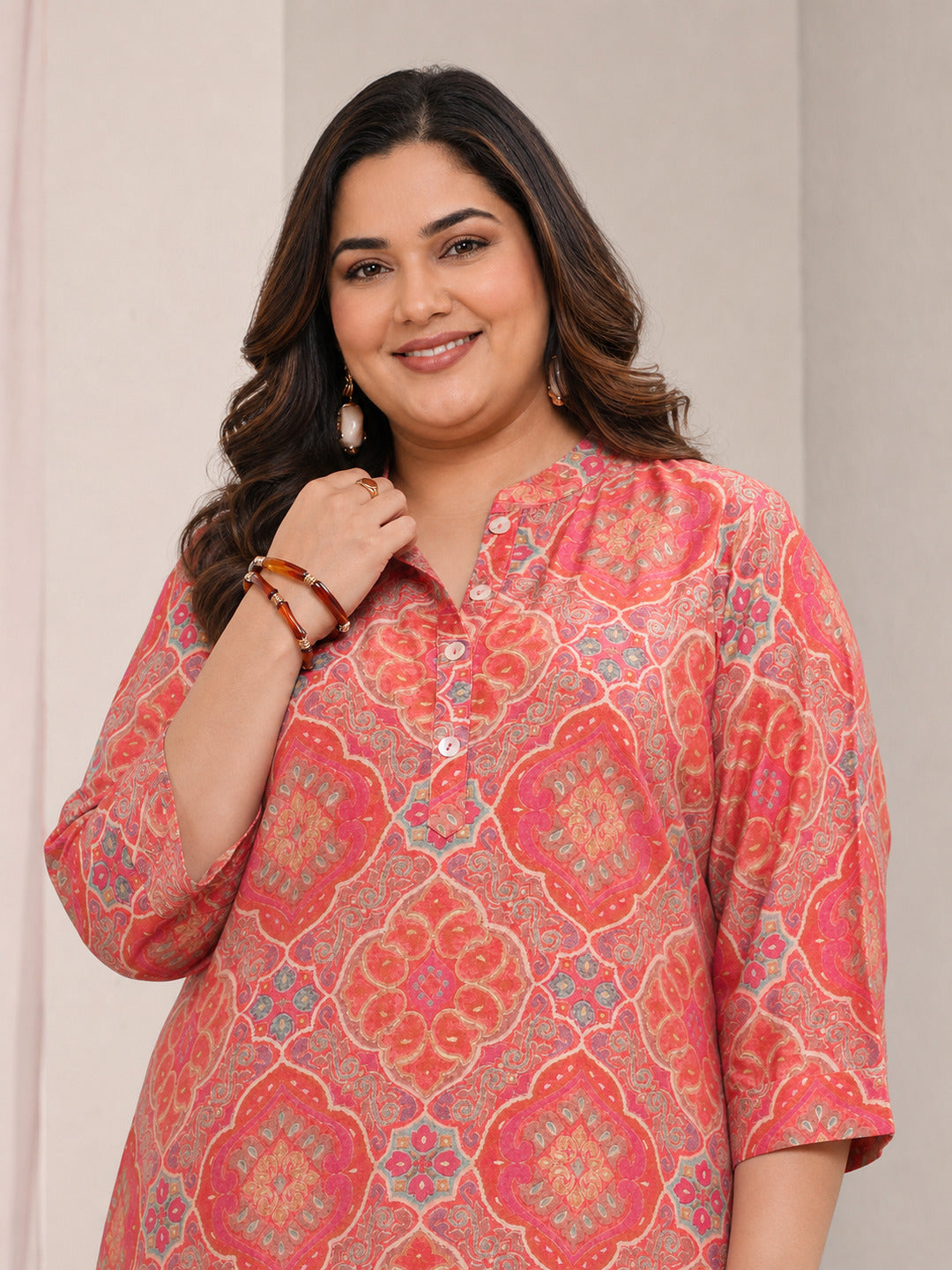  Plus Size Peach Ethnic Printed Silk Blend Tunic 
