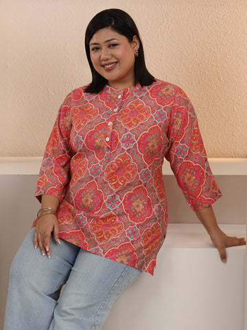 Plus Size Peach Ethnic Printed Silk Blend Tunic