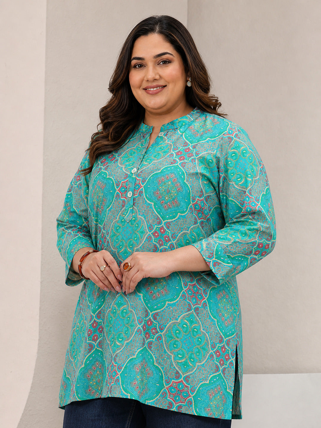  Plus Size Blue Ethnic Printed Silk Blend Straight Short Kurti 