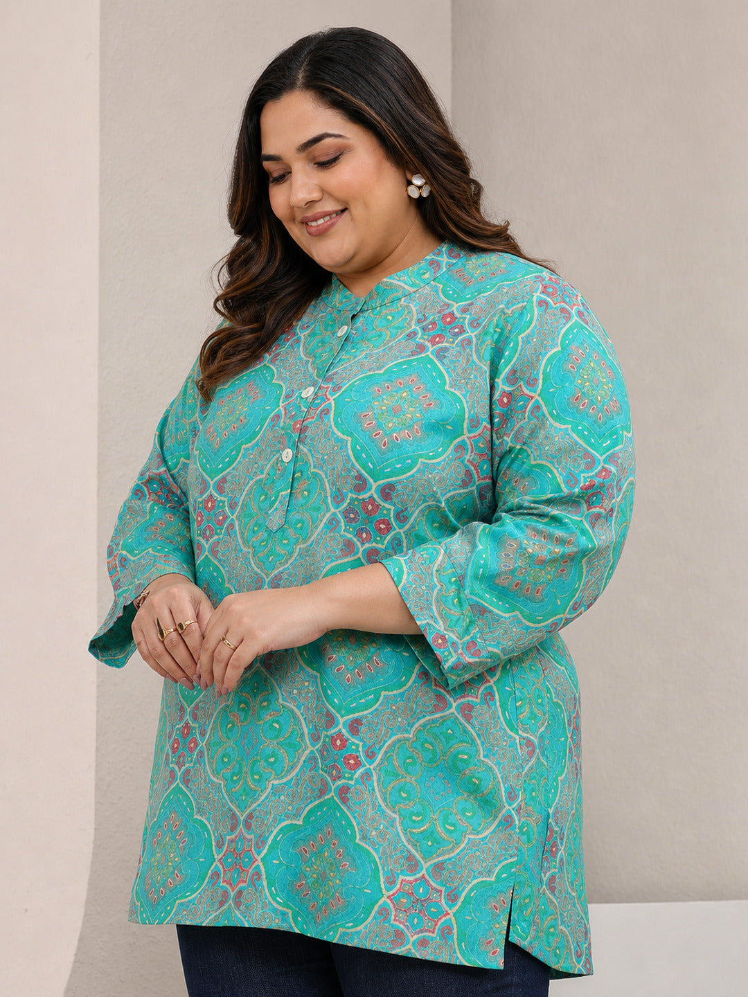  Plus Size Blue Ethnic Printed Silk Blend Straight Short Kurti 