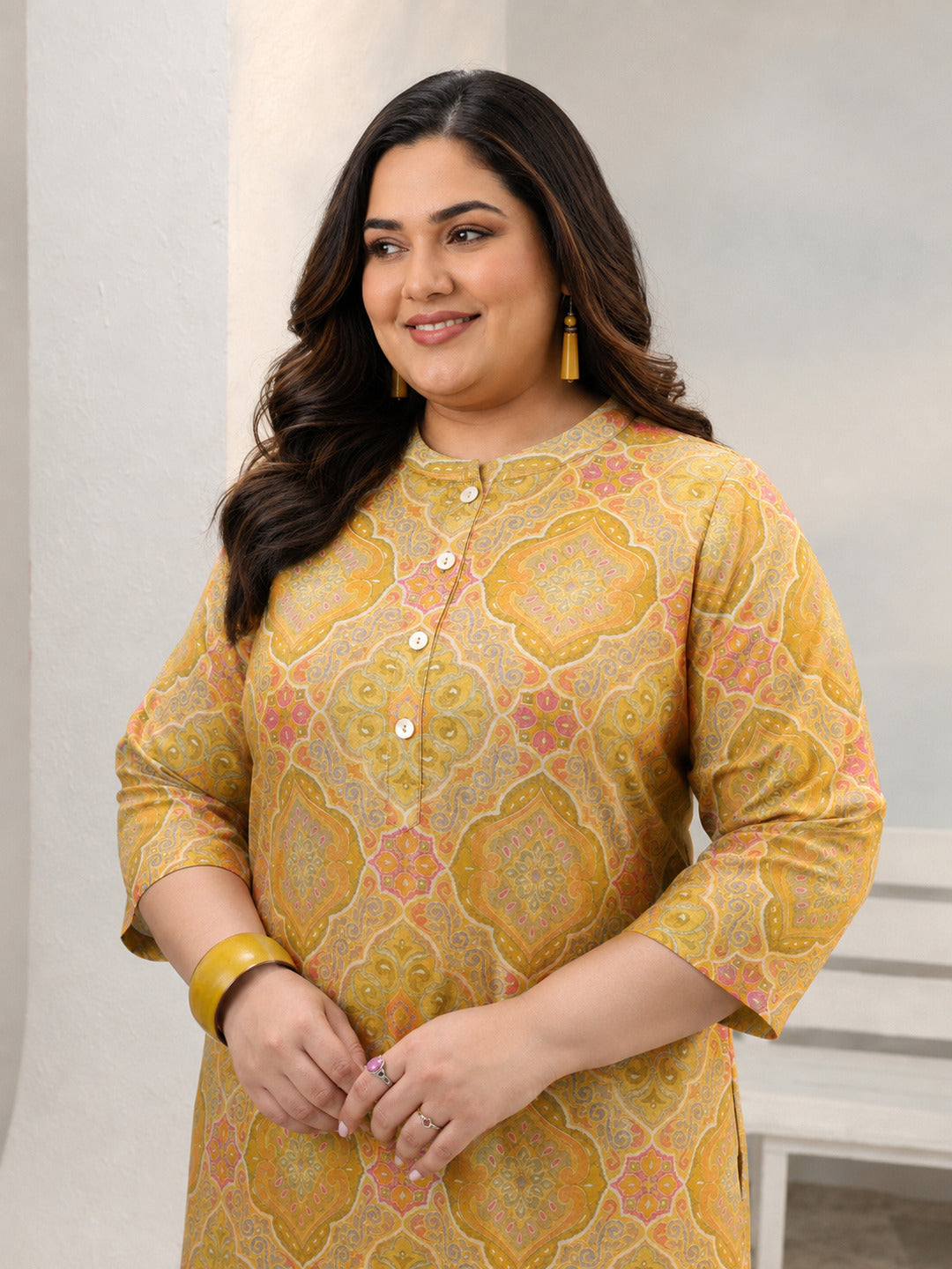  Plus Size Mustard Ethnic Printed Silk Blend Straight Short Kurti 