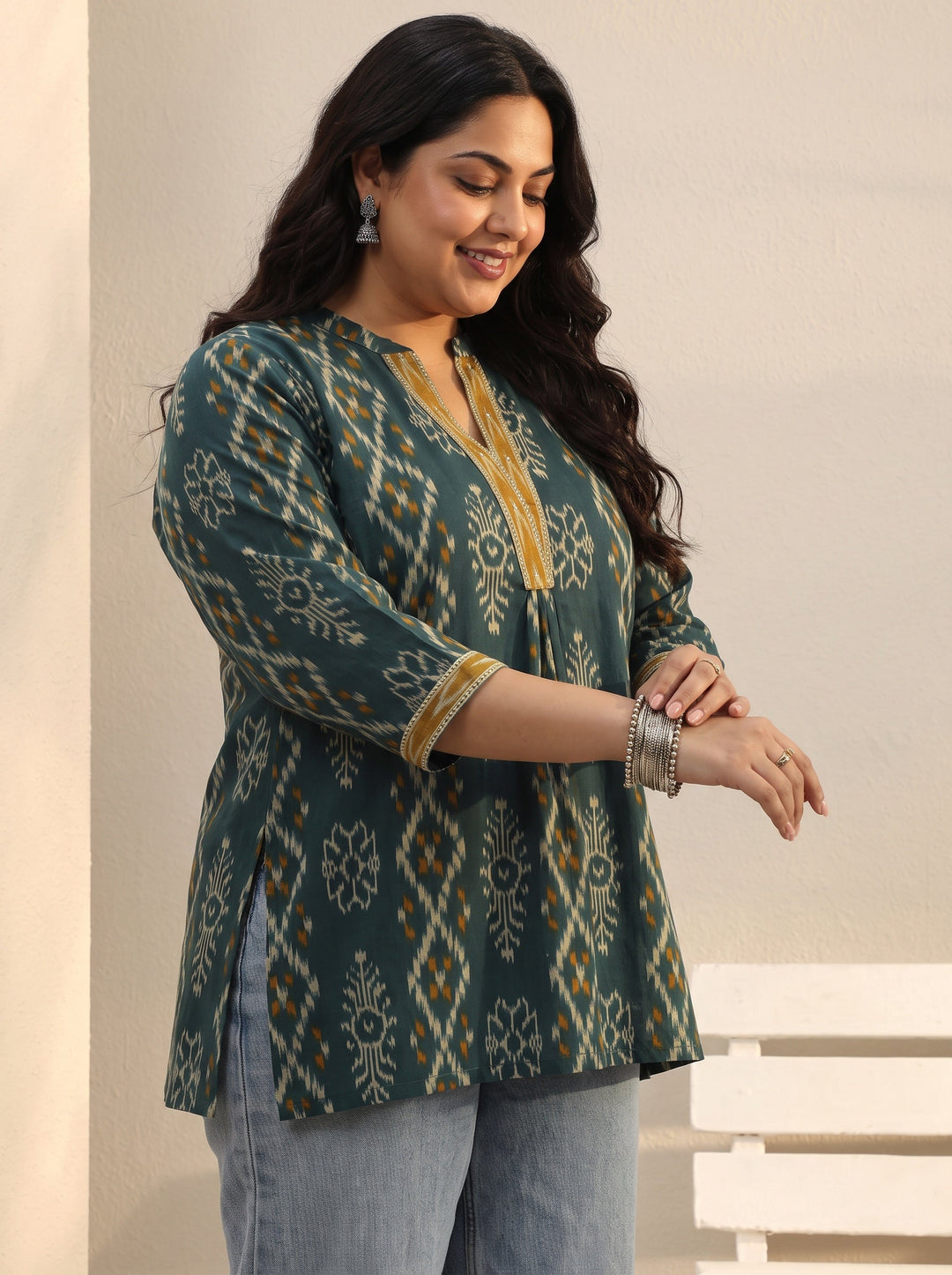  Plus Size Green Ethnic Printed Cotton A-Line Short Kurti 