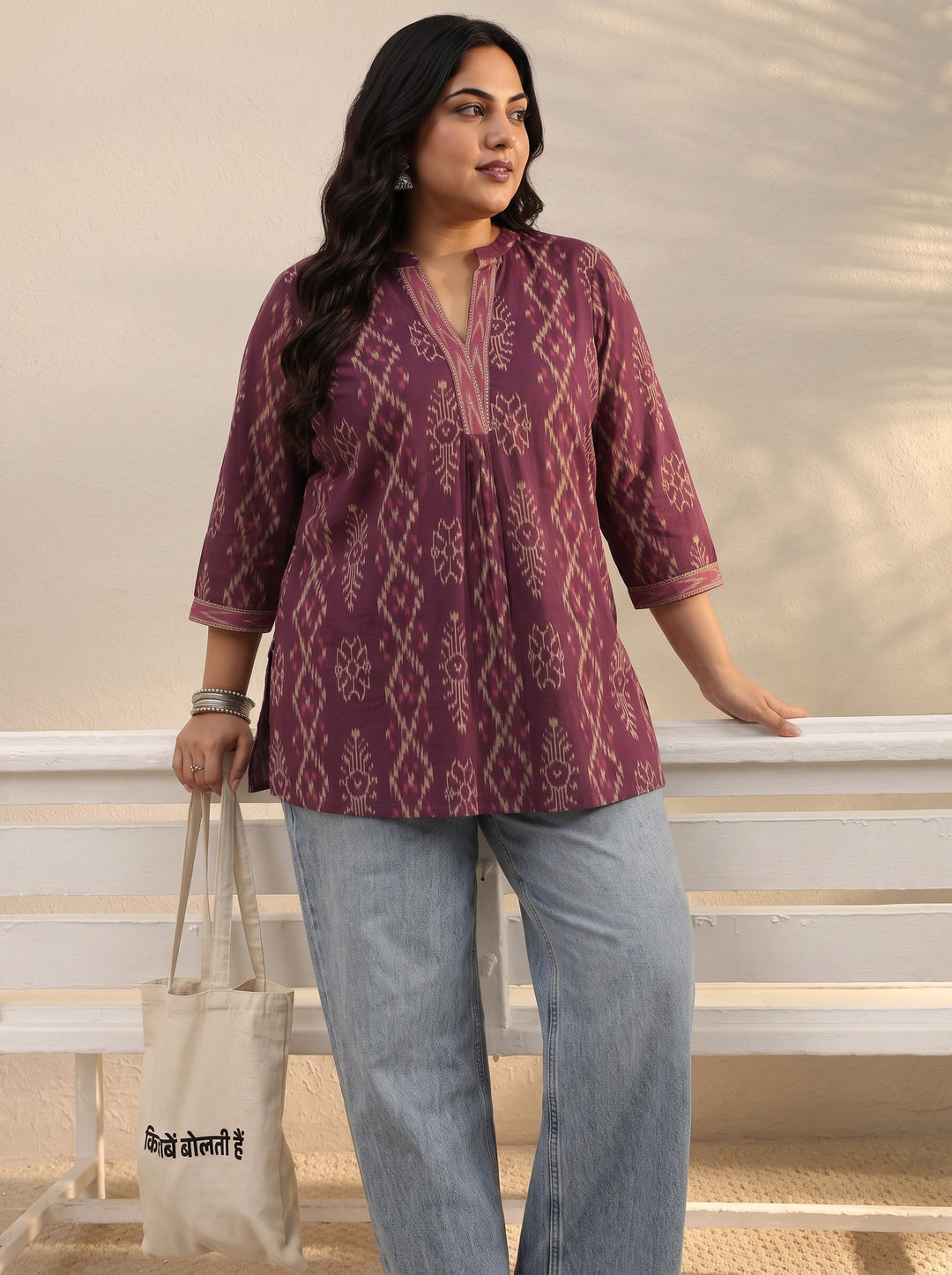  Plus Size Purple Ethnic Printed Cotton A-Line Short Kurti 