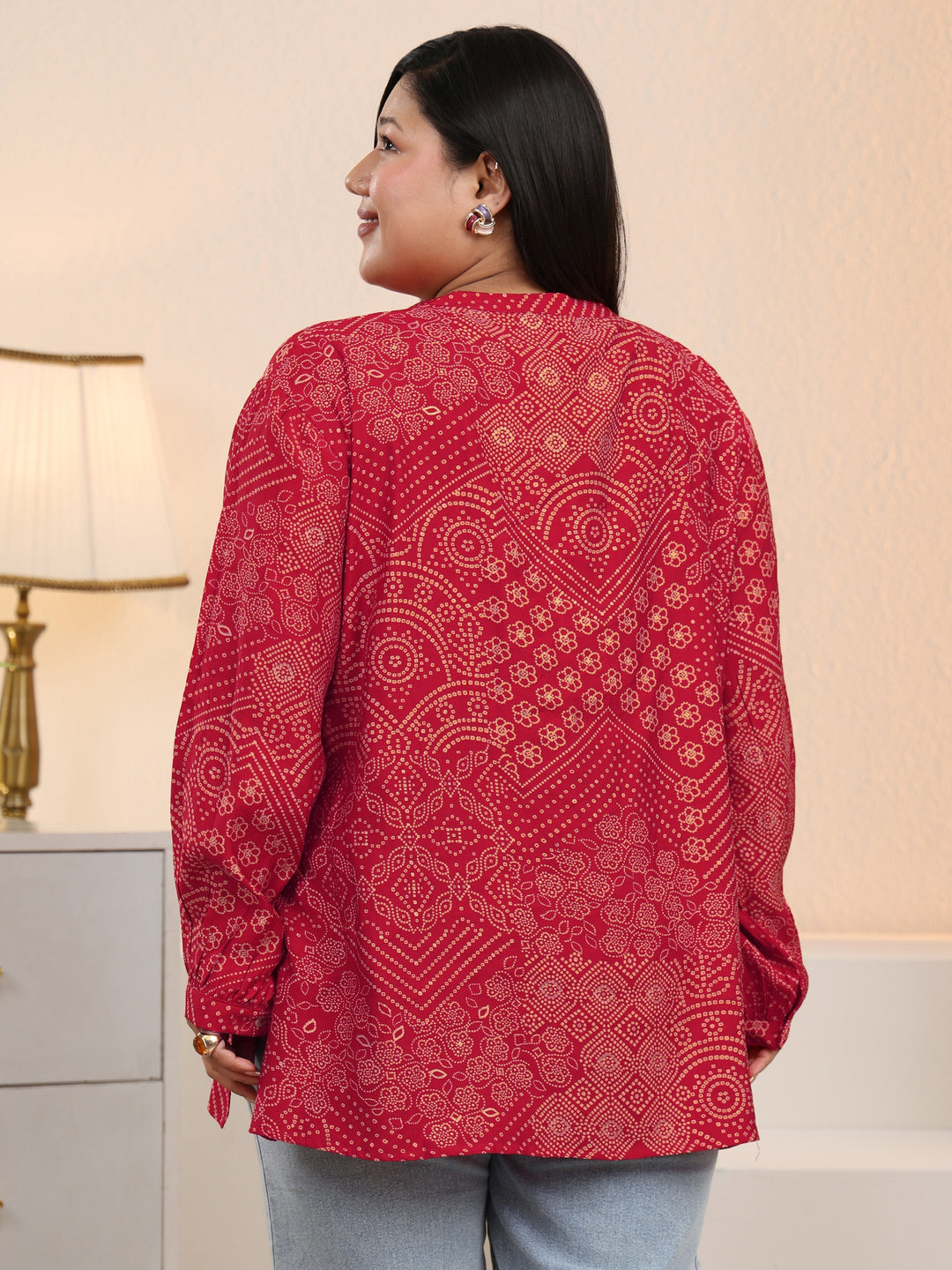  Plus Size Red Bandhani Printed Silk Blend Shirt 