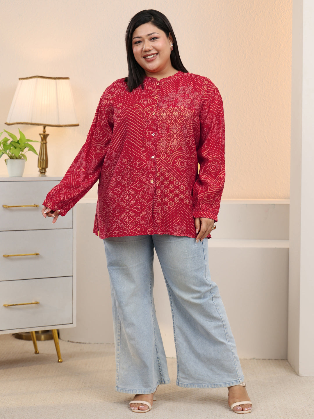  Plus Size Red Bandhani Printed Silk Blend Shirt 