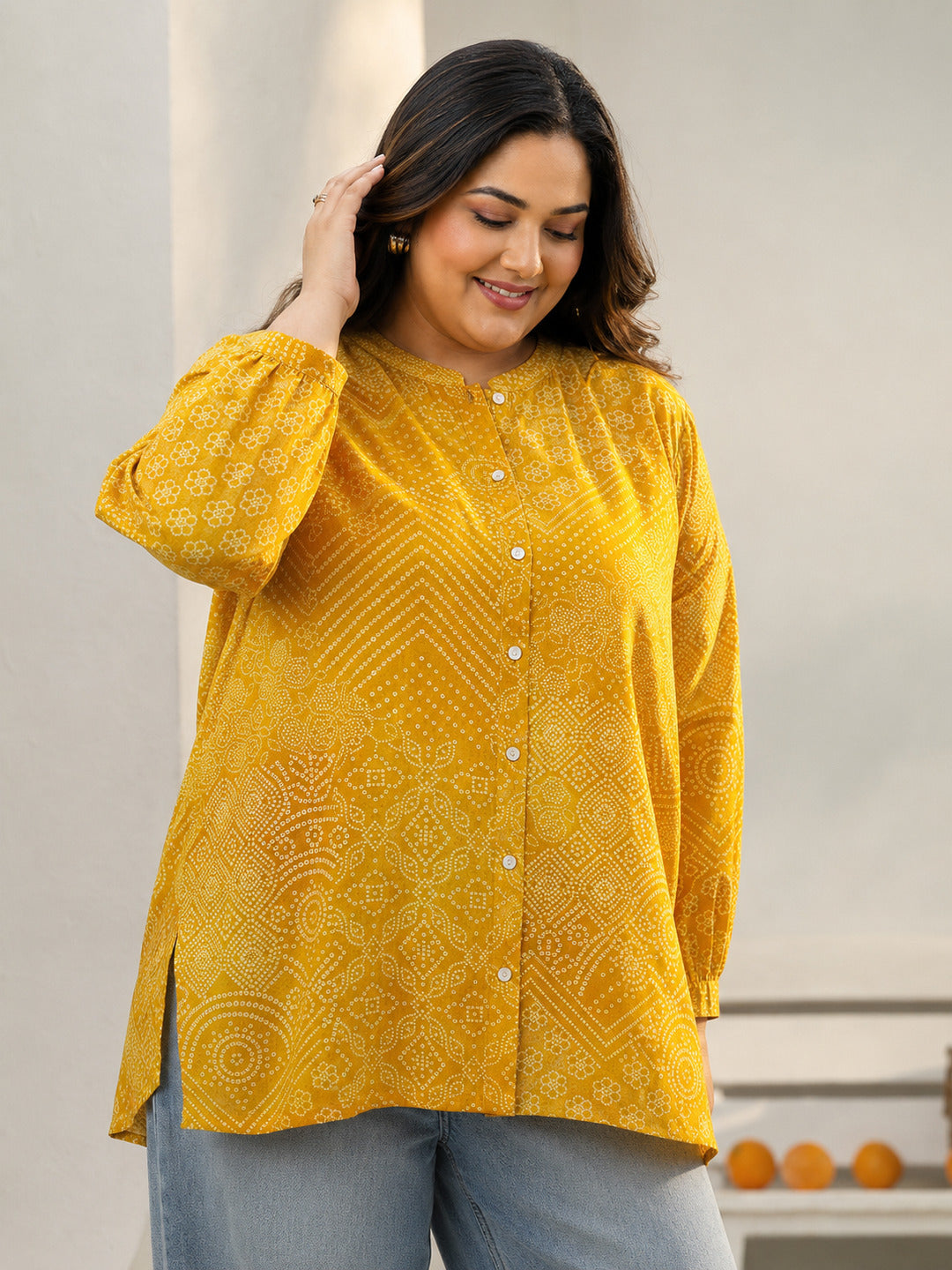  Plus Size Yellow Bandhani Printed Silk Blend Shirt 