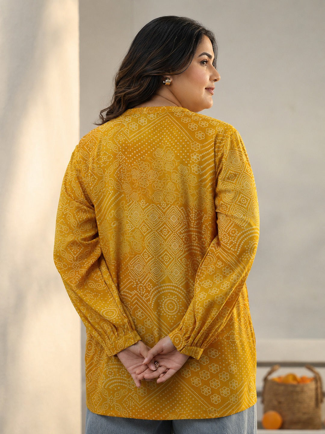  Plus Size Yellow Bandhani Printed Silk Blend Shirt 