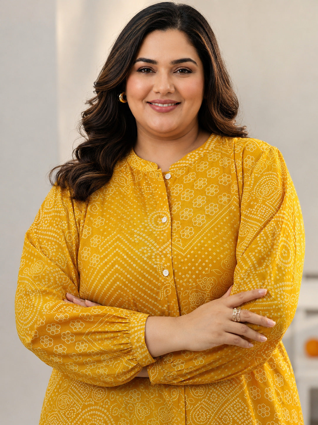  Plus Size Yellow Bandhani Printed Silk Blend Shirt 