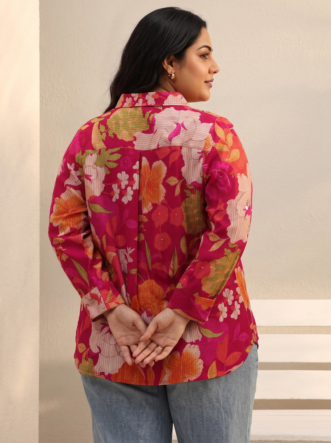  Plus Size Pink Floral Printed Silk Blend Tunic 