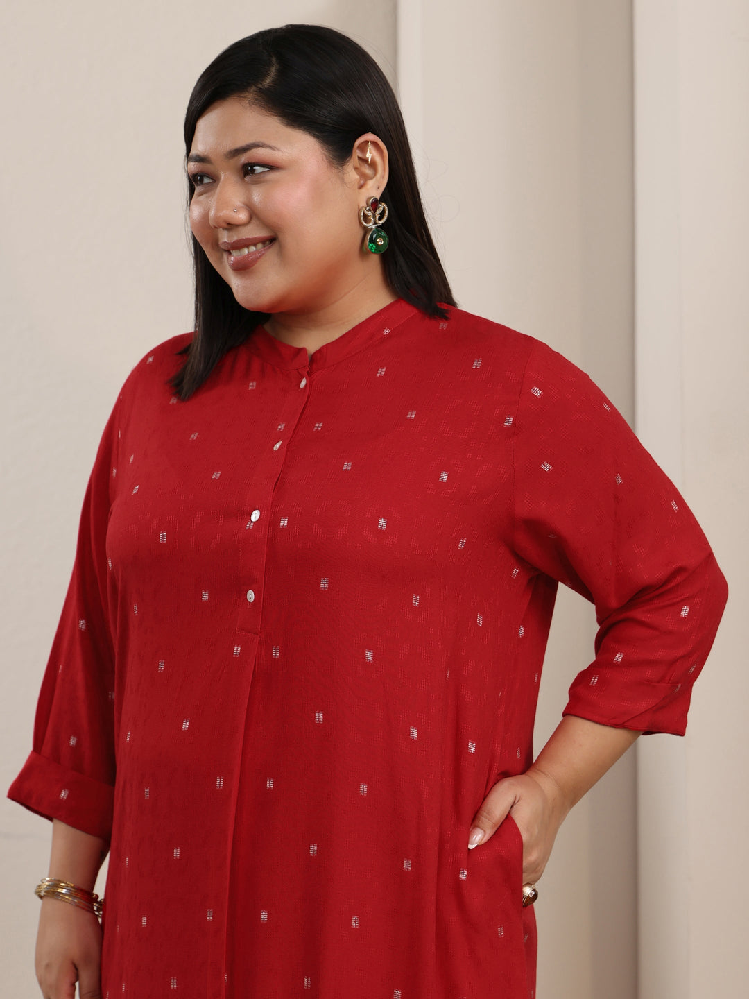  Plus Size Red Woven Design Rayon Straight Kurta 