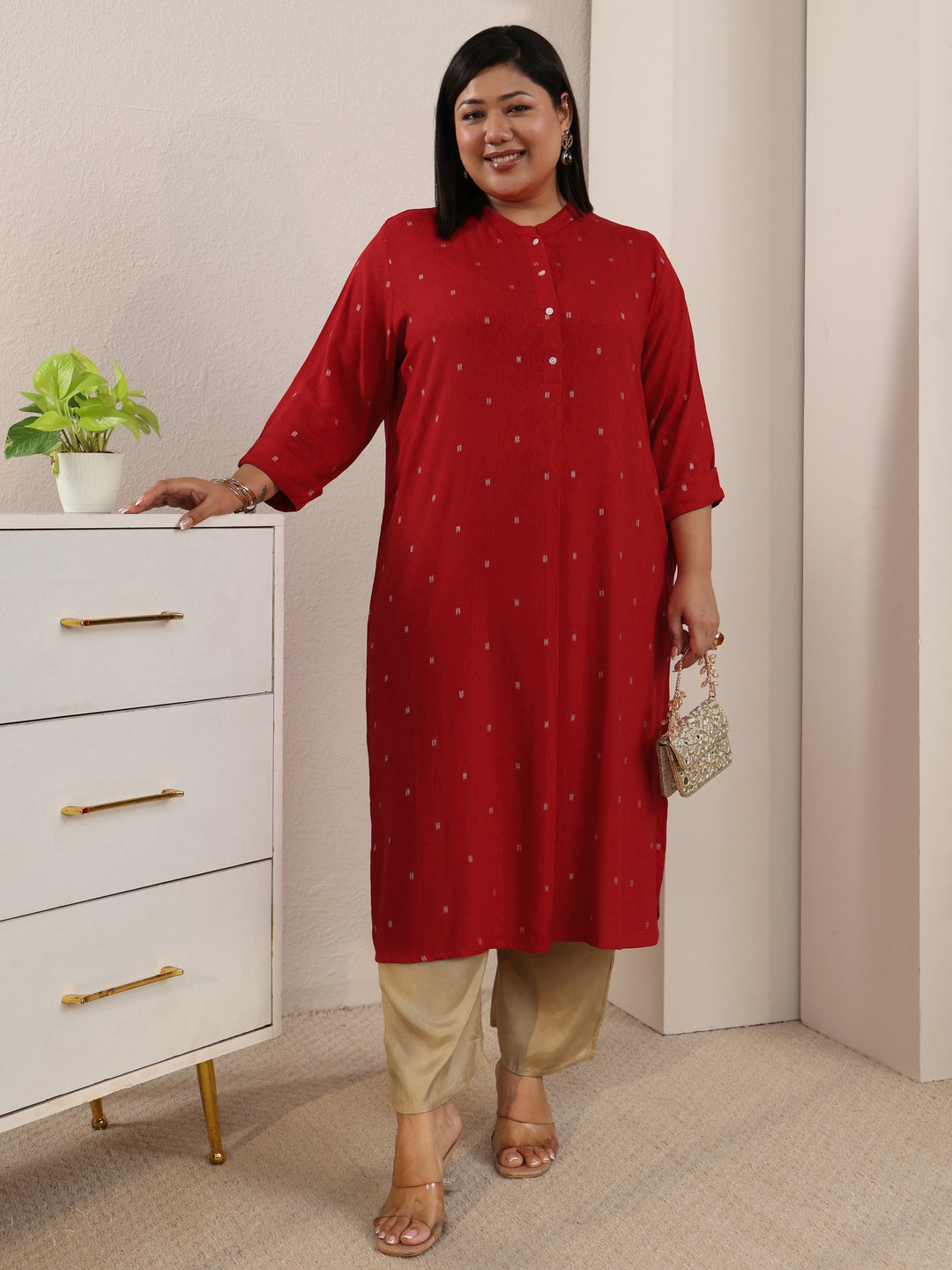  Plus Size Red Woven Design Rayon Straight Kurta 