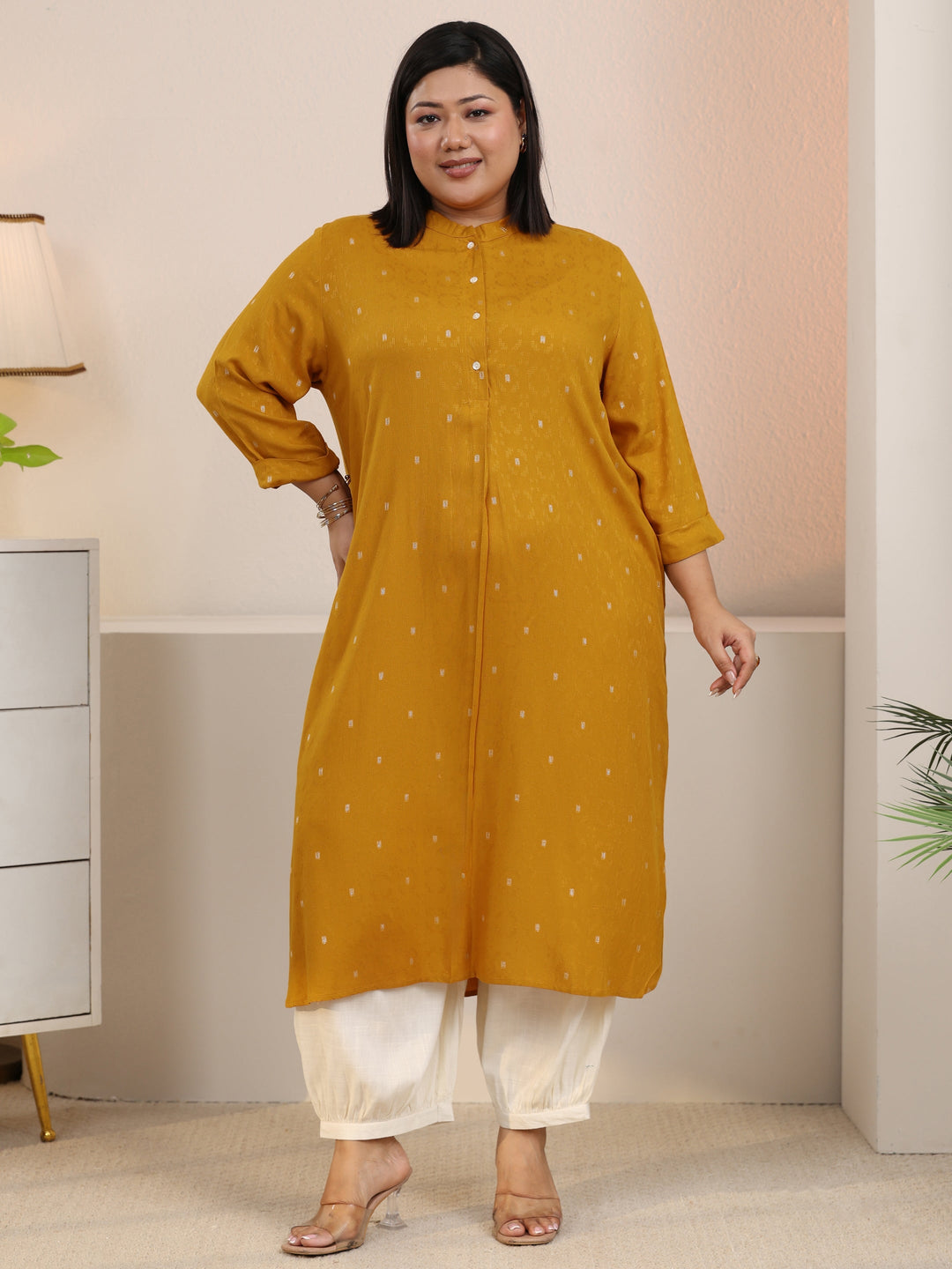  Plus Size Mustard Woven Design Rayon Straight Kurta 