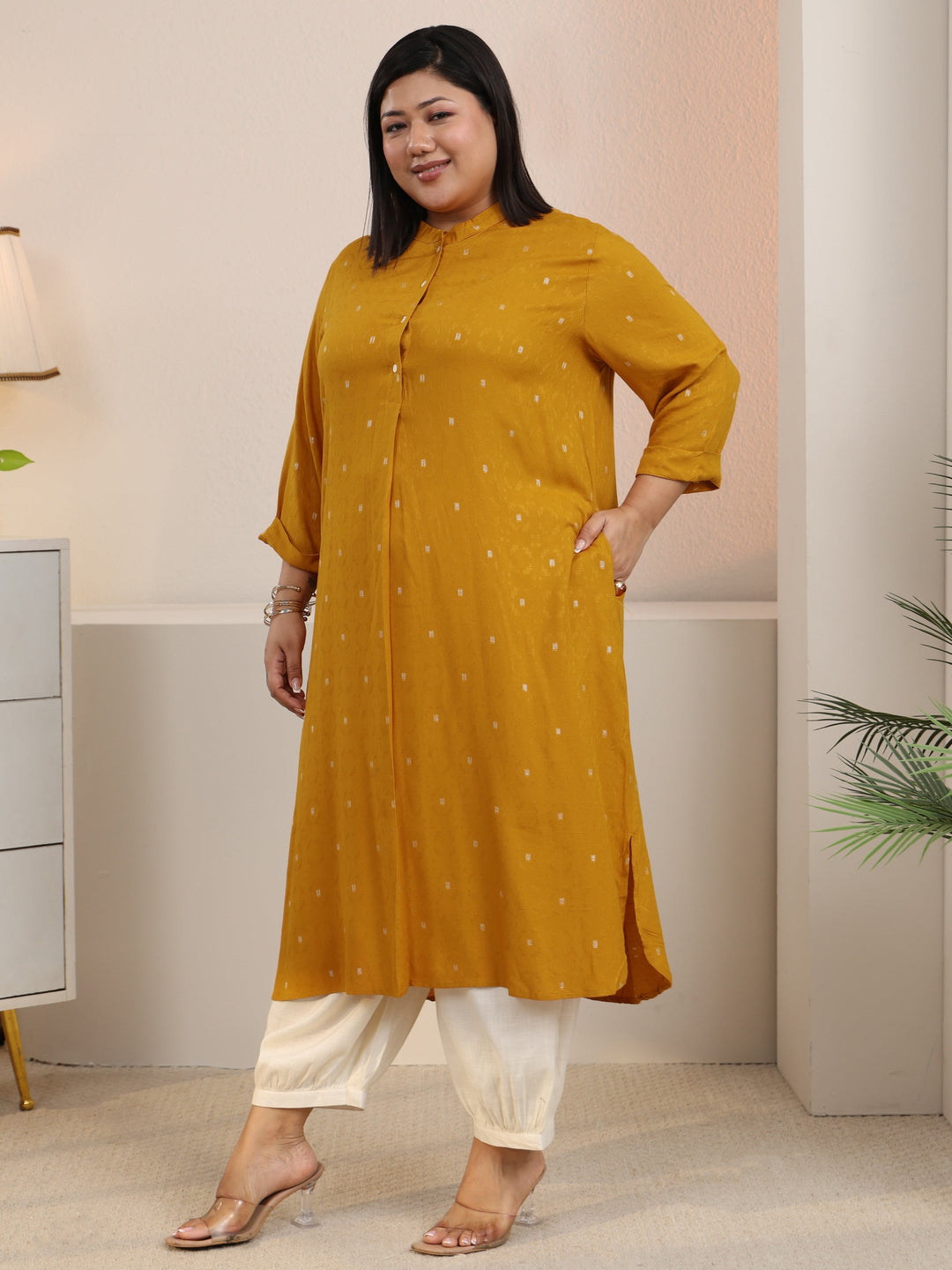  Plus Size Mustard Woven Design Rayon Straight Kurta 