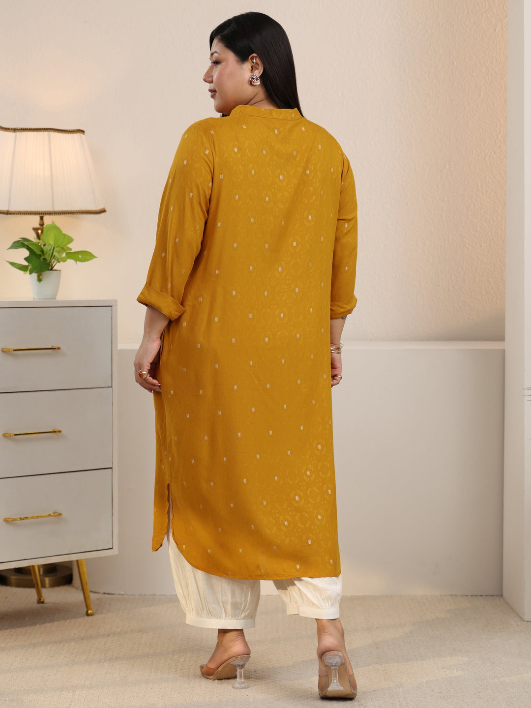  Plus Size Mustard Woven Design Rayon Straight Kurta 
