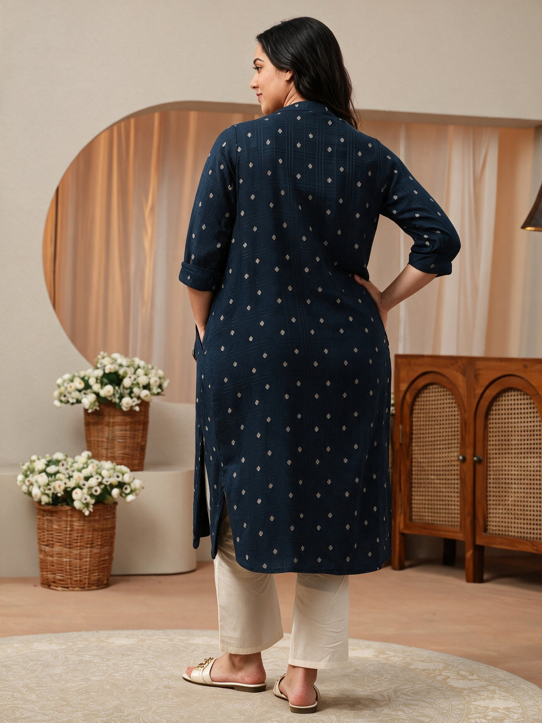  Plus Size Blue Woven Design Rayon Straight Kurta 