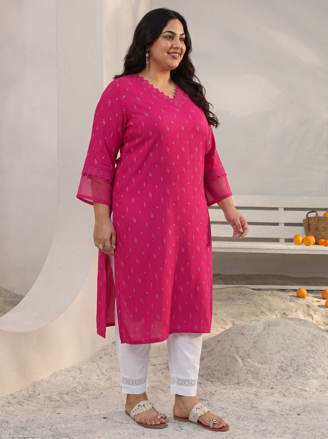  Plus Size Pink Woven Design Rayon Straight Kurta 