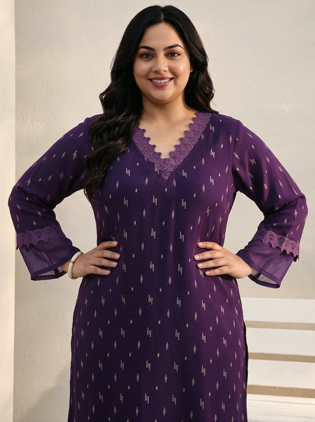  Plus Size Purple Yoke Woven Design Rayon Straight Kurta 