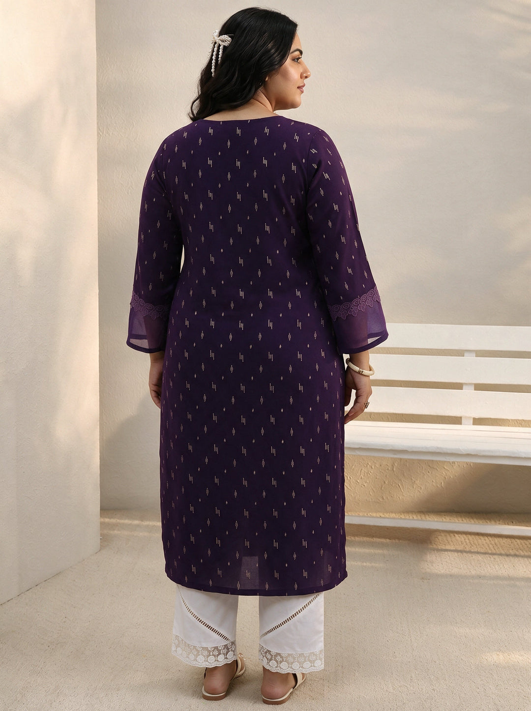  Plus Size Purple Yoke Woven Design Rayon Straight Kurta 
