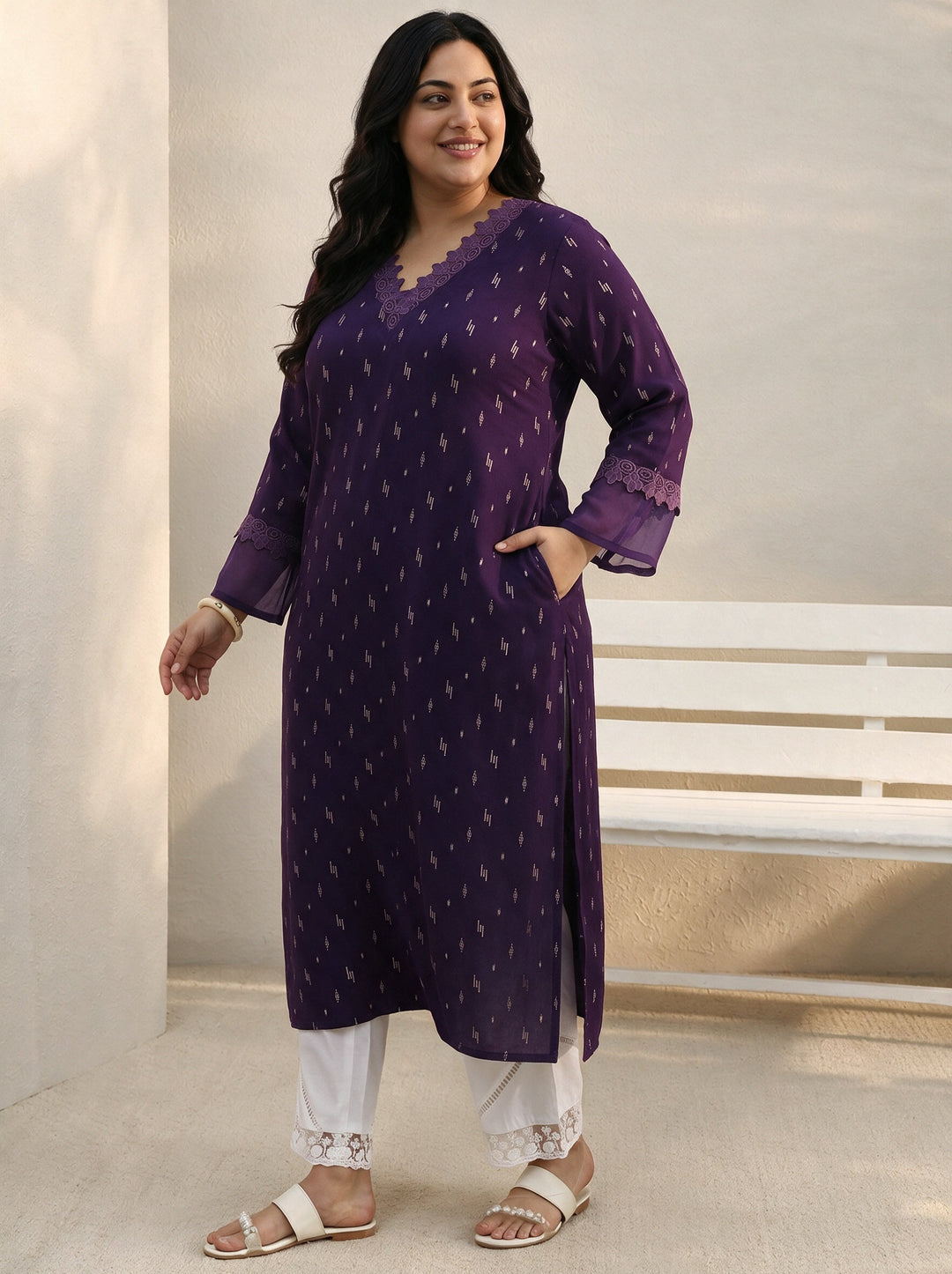  Plus Size Purple Yoke Woven Design Rayon Straight Kurta 