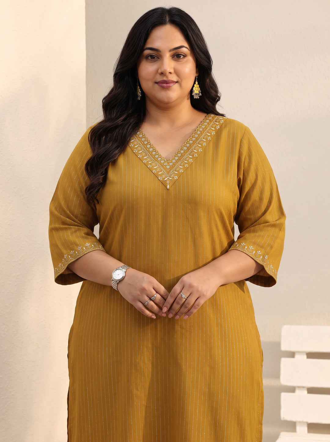  Plus Size Mustard Striped Rayon Straight Kurta 