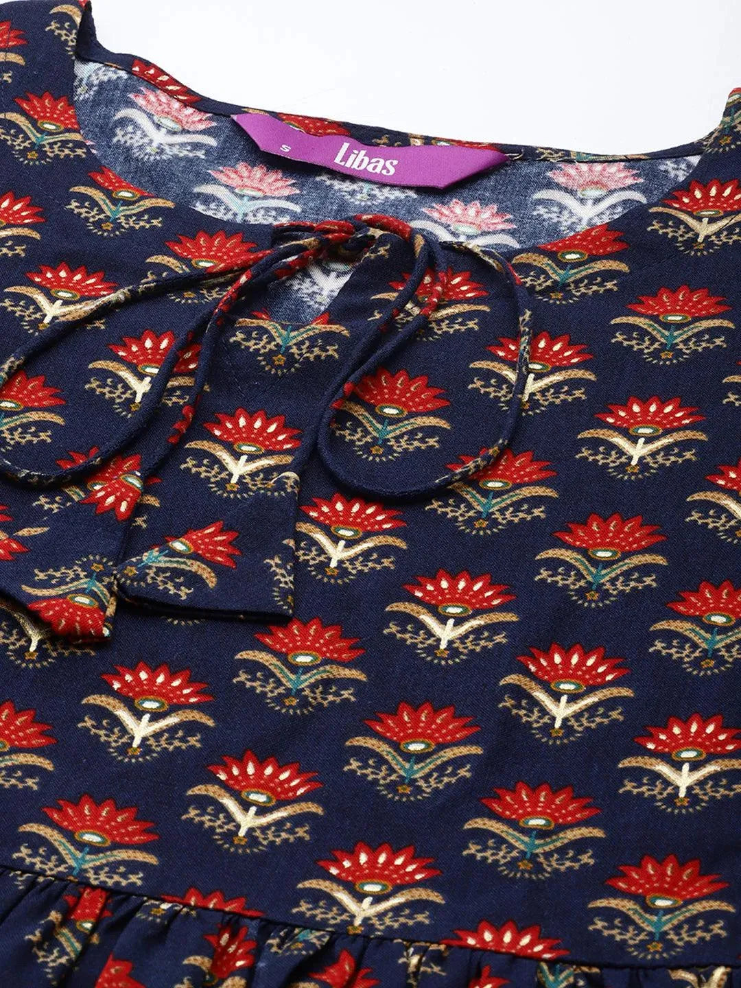 Blue Printed Rayon A-Line Kurti - Libas 