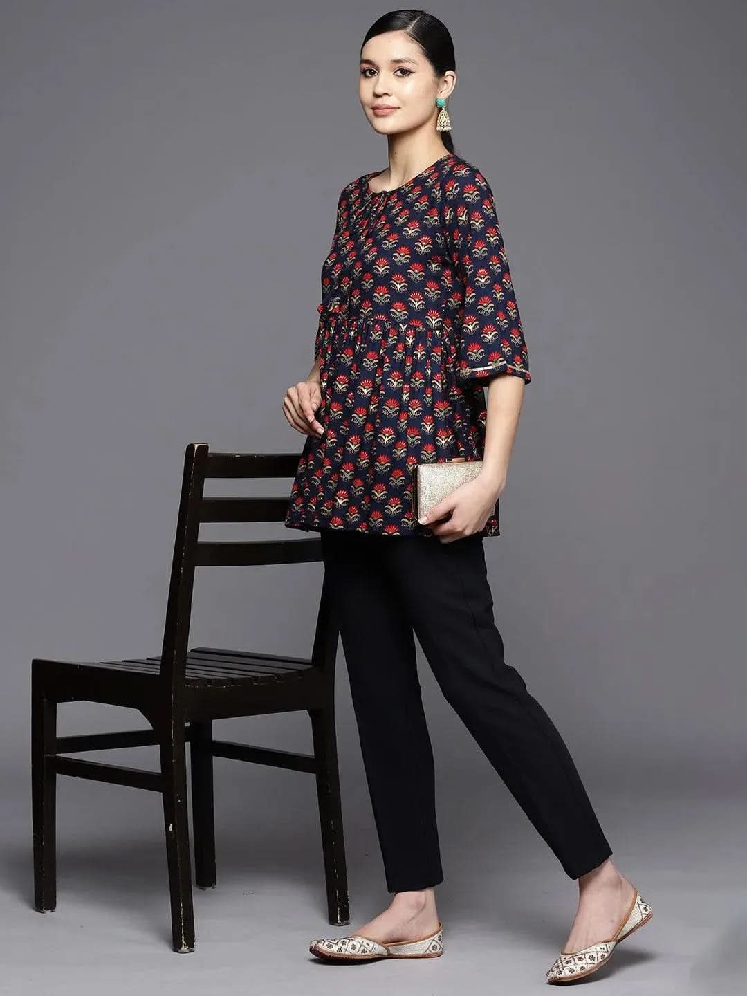 

Blue Printed Rayon A-Line Kurti