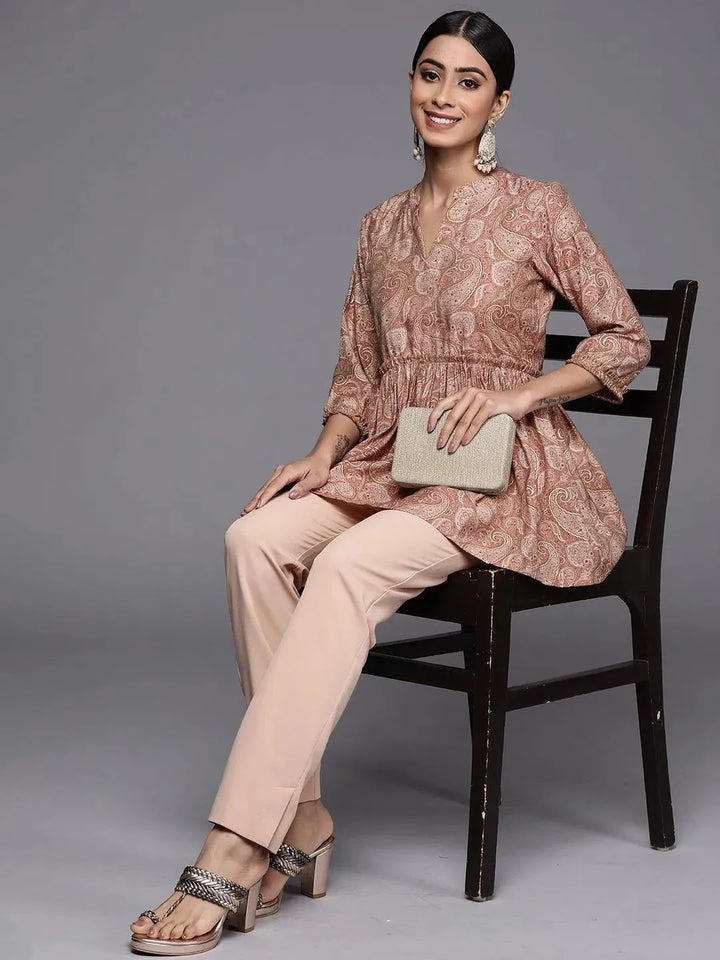Mauve Printed Silk Blend A-Line Kurti - Libas