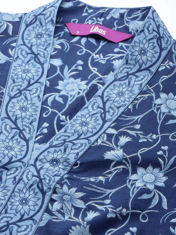Blue Printed Cotton A-Line Kurti - Libas