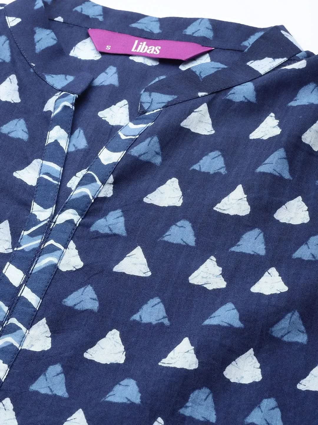 

Blue Printed Cotton A-Line Kurti