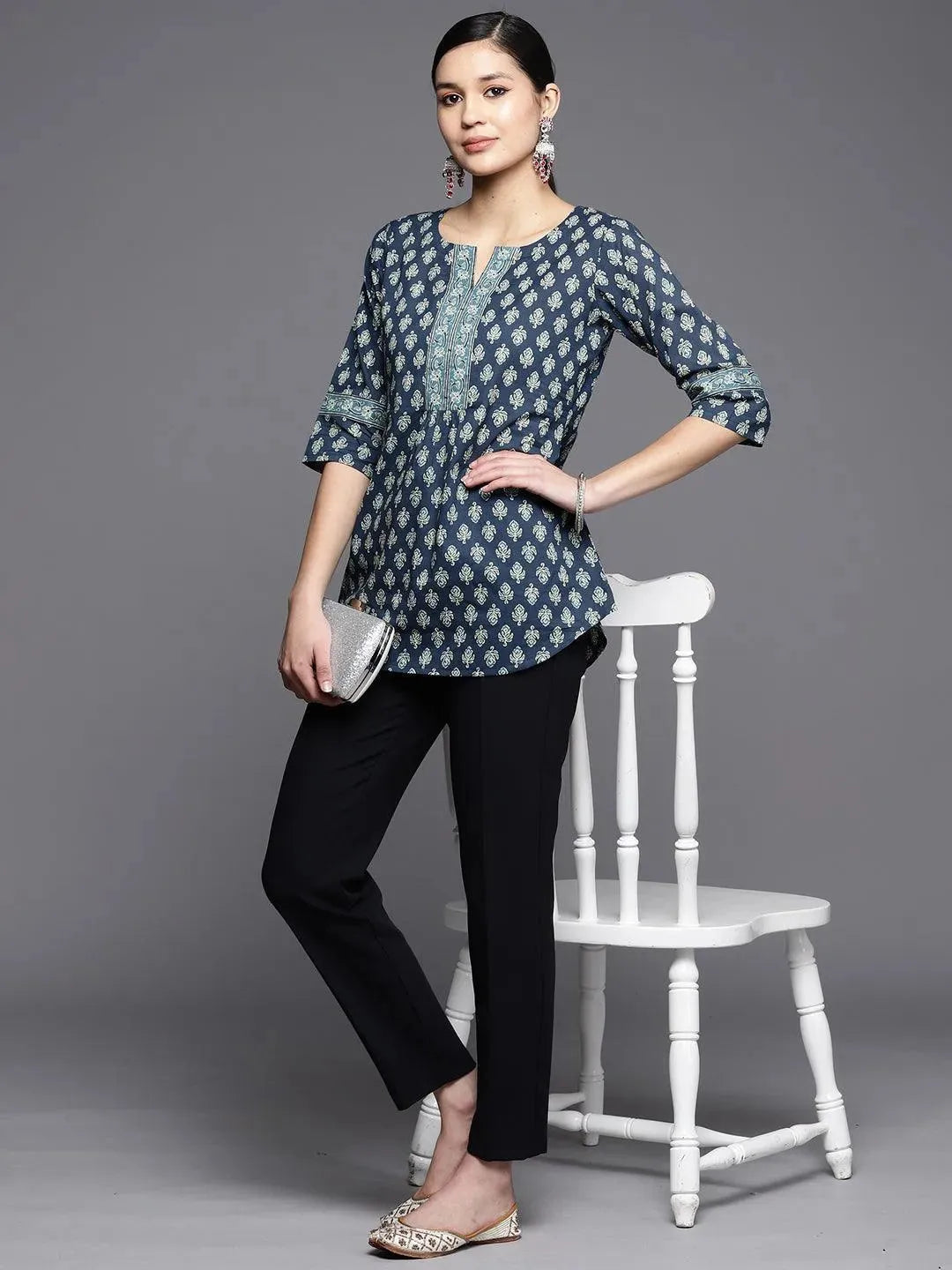 Blue Printed Cotton Pathani Kurti - Libas