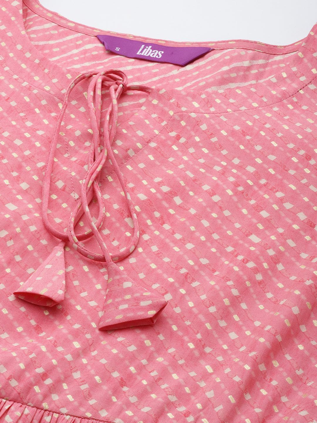 Pink Printed Silk Blend A-Line Kurti