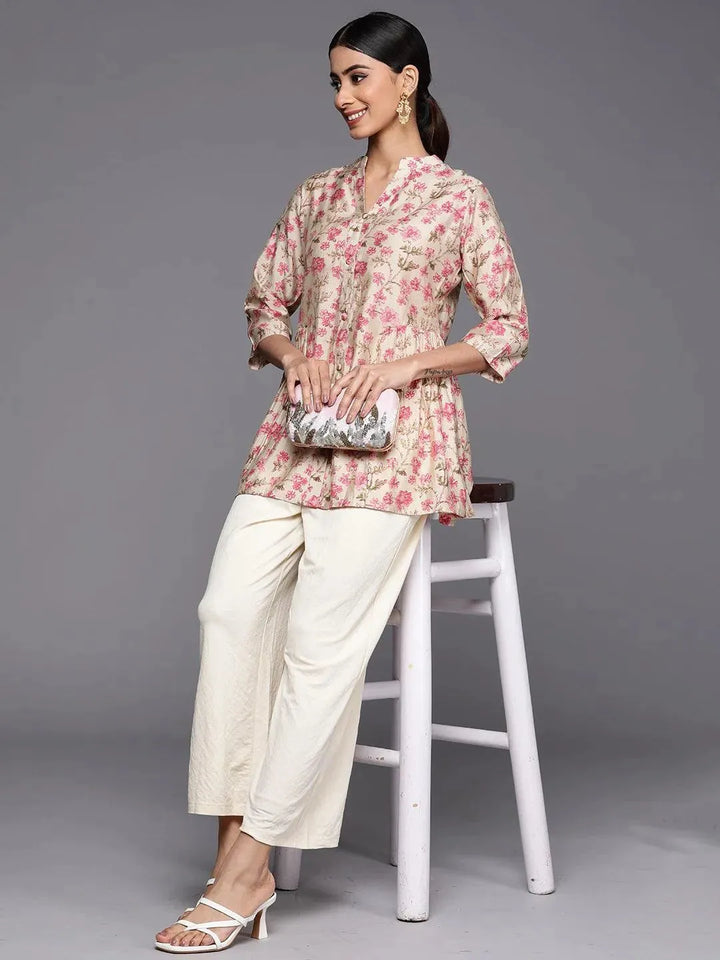 Beige Printed Silk Blend A-Line Kurti - Libas