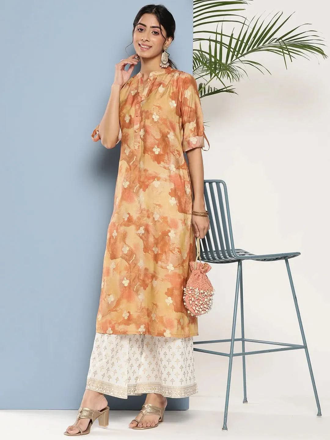 

Brown Printed Silk Straight Kurta