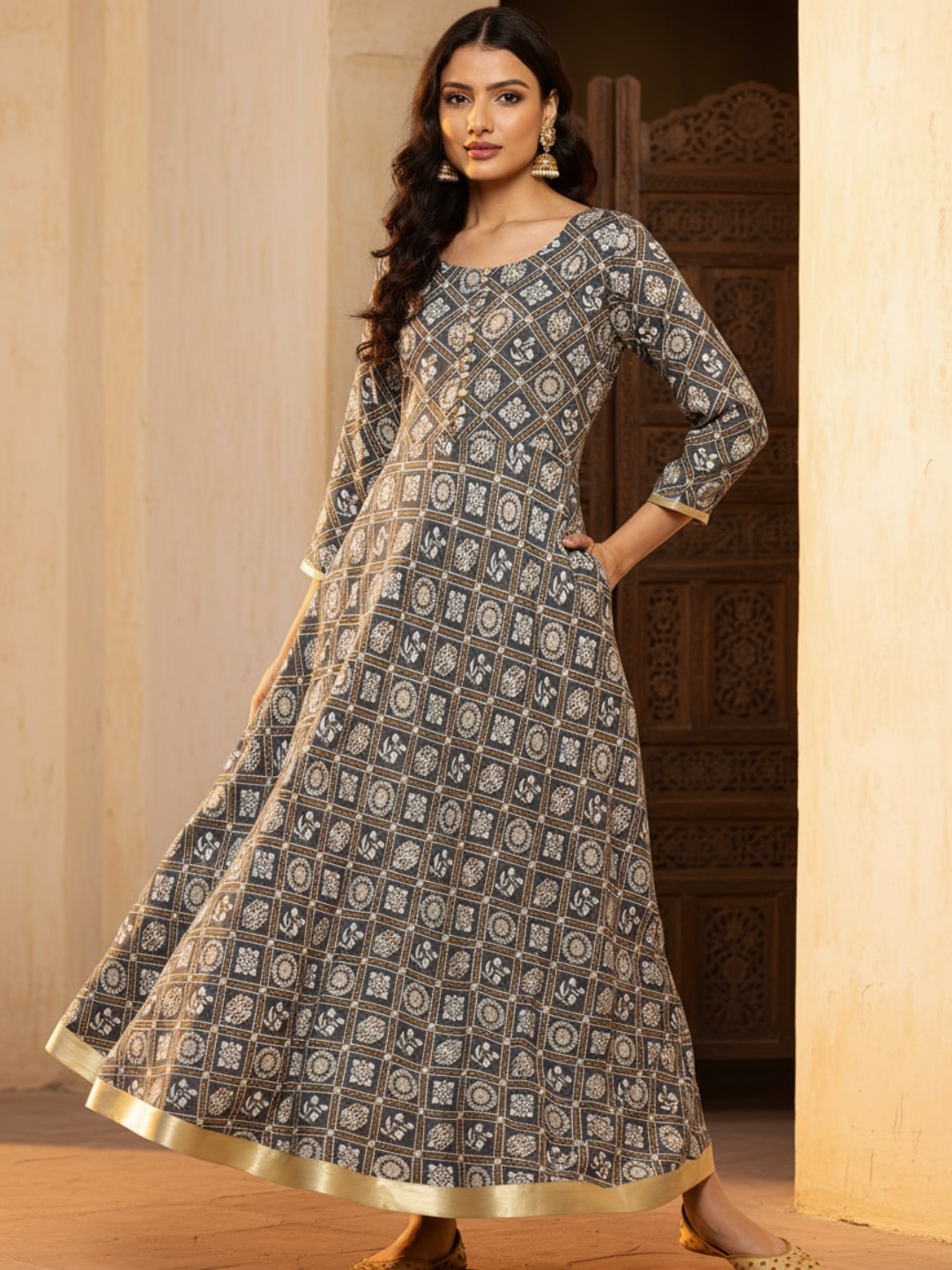 Grey Printed Rayon Fit and Flare Dress
